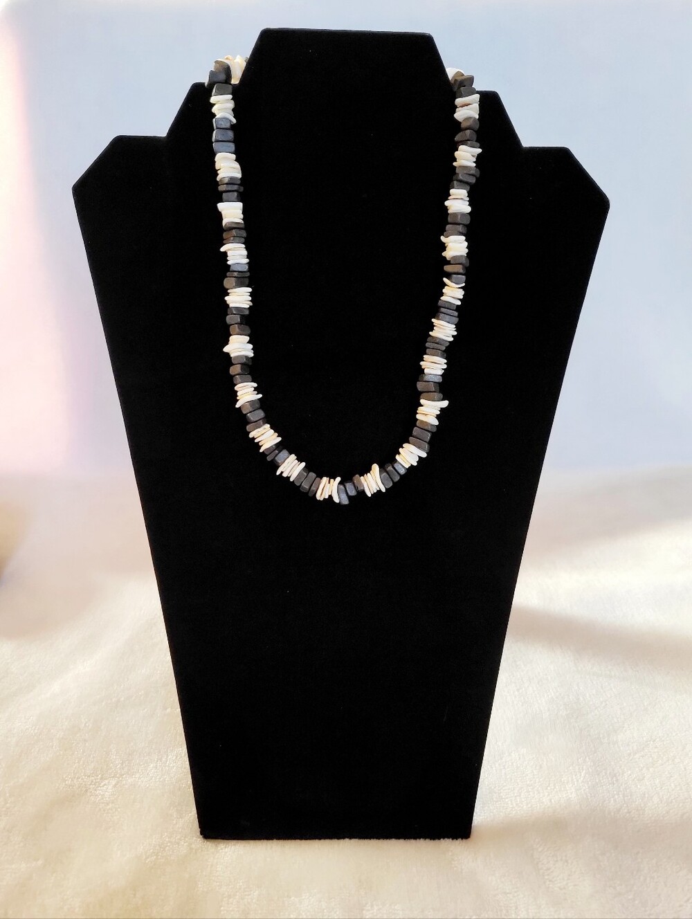 Black & White Puka Shell Necklace 16"